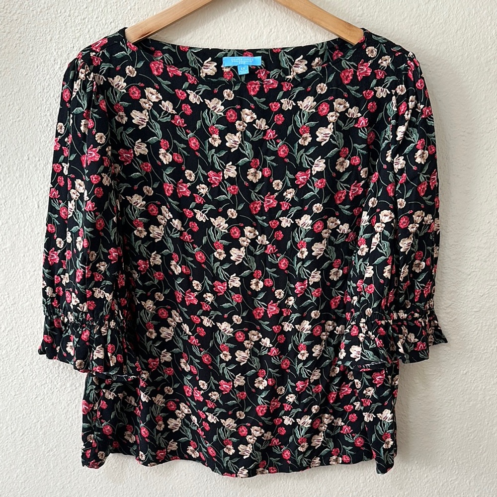 Draper James Black Floral Puff Sleeve Blouse